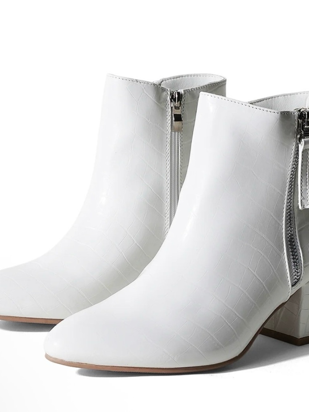 White Croc-Embossed Side-Zip Ankle Booties